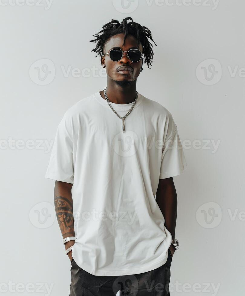 Man with dreadlocks standing in front of white wall photo