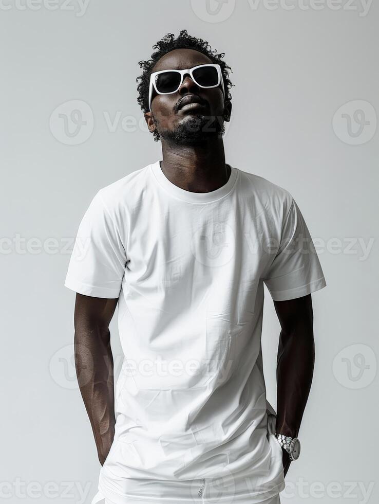 Man wearing white shorts and white t-shirt photo