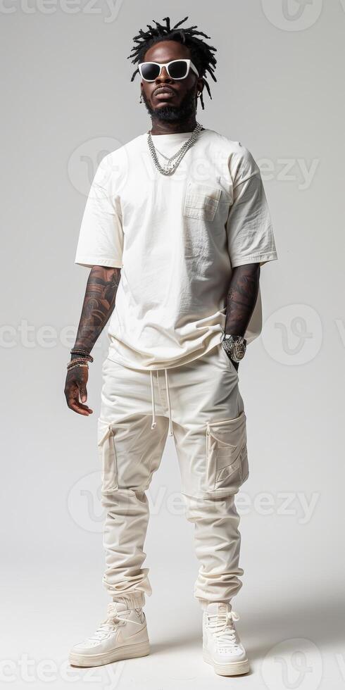 Man wearing white pants and white t-shirt photo