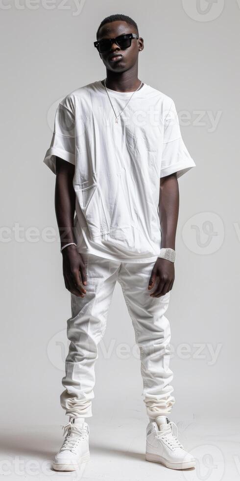 A man in a white shirt and white pants photo