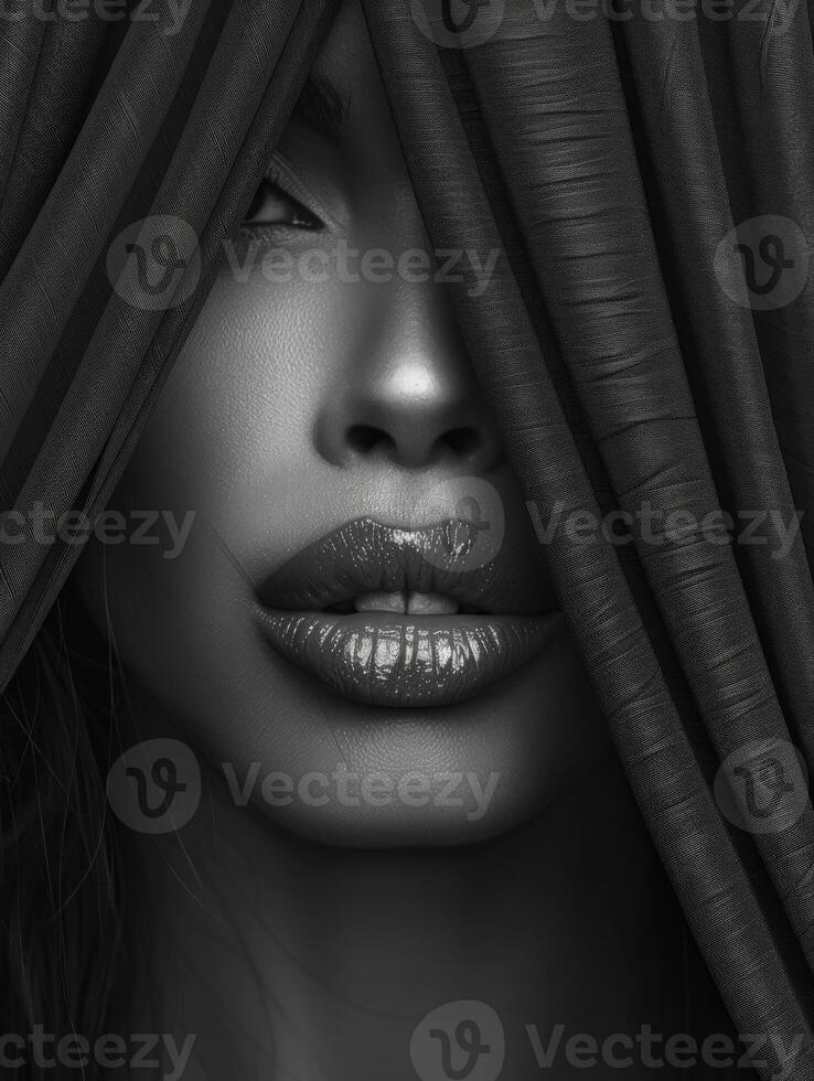 Womans face covered by curtain photo