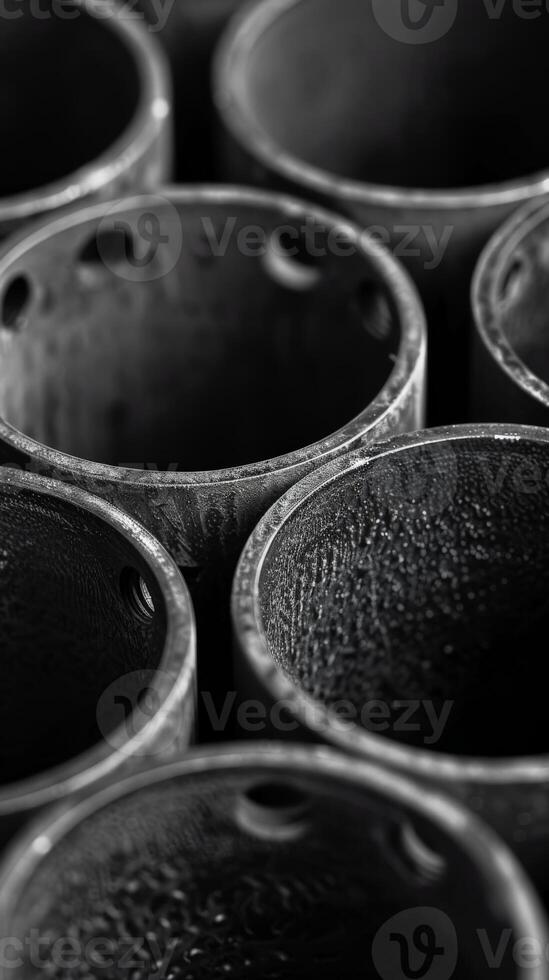 Array of pots in black and white photo