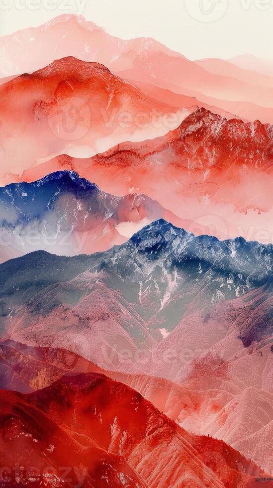Majestic painting of a red and blue mountain range photo