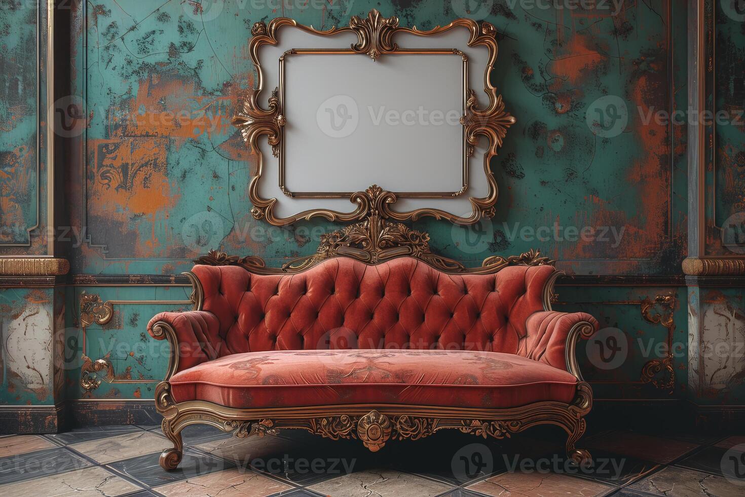 Red couch in front of mirror photo