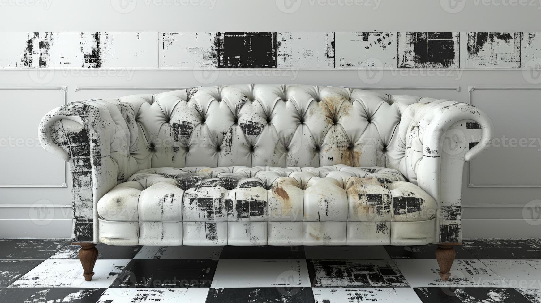 White couch on black and white checkered floor photo