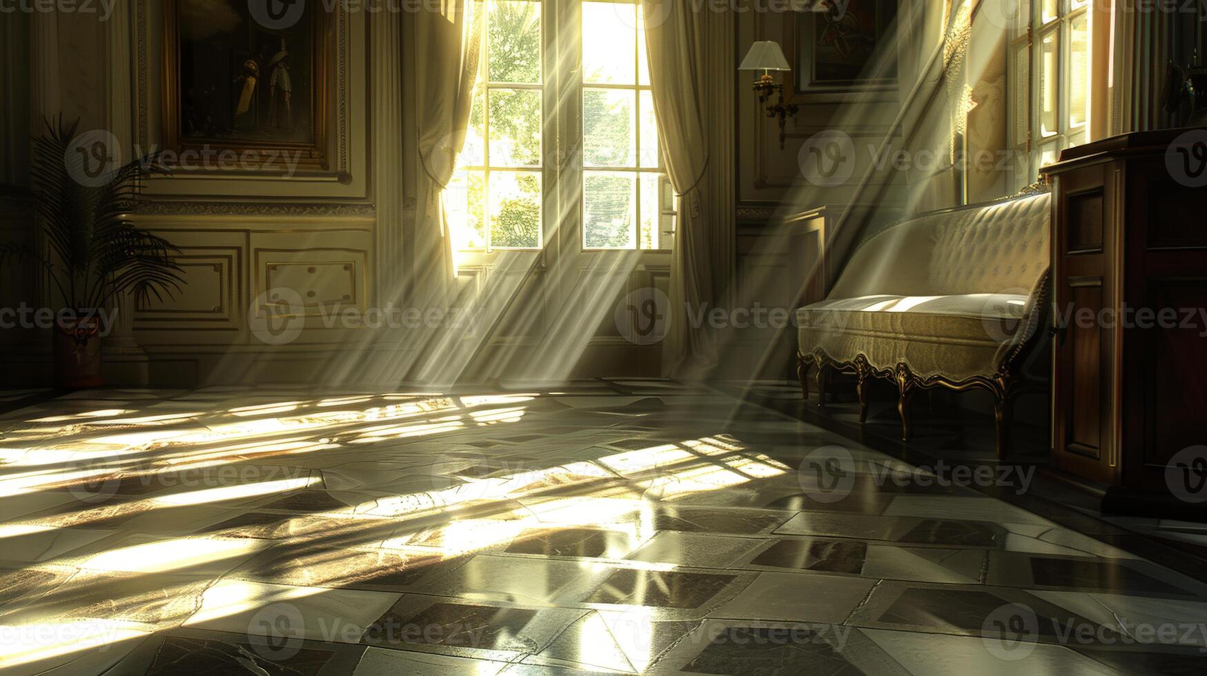Sunlight streaming into a room with checkerboard floor photo