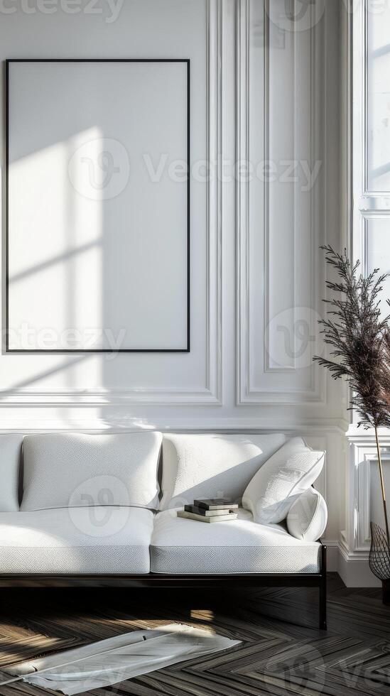 Contemporary living room with white couch and large window photo