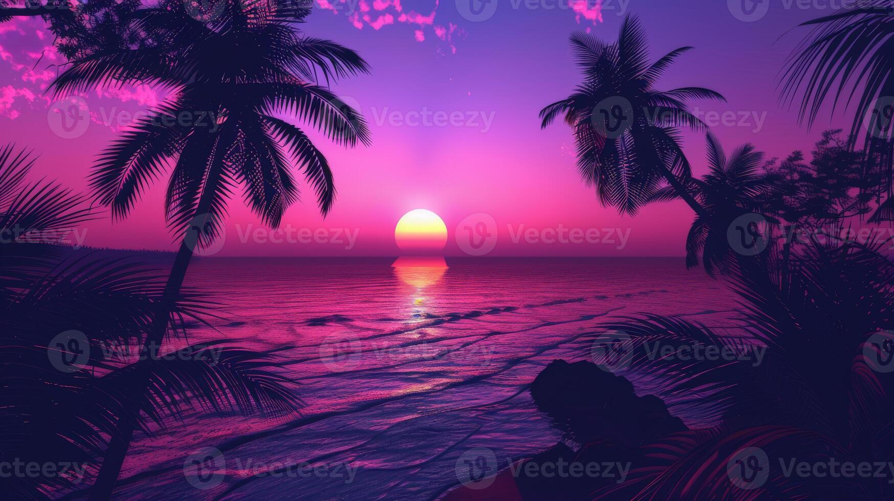 Sunset with palm trees and person sitting on beach photo