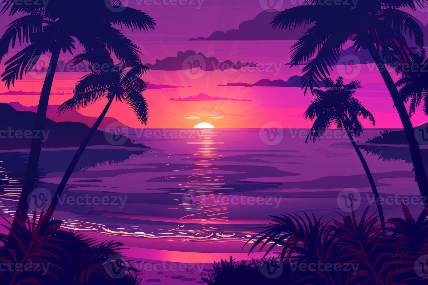Sunset with palm trees painting photo
