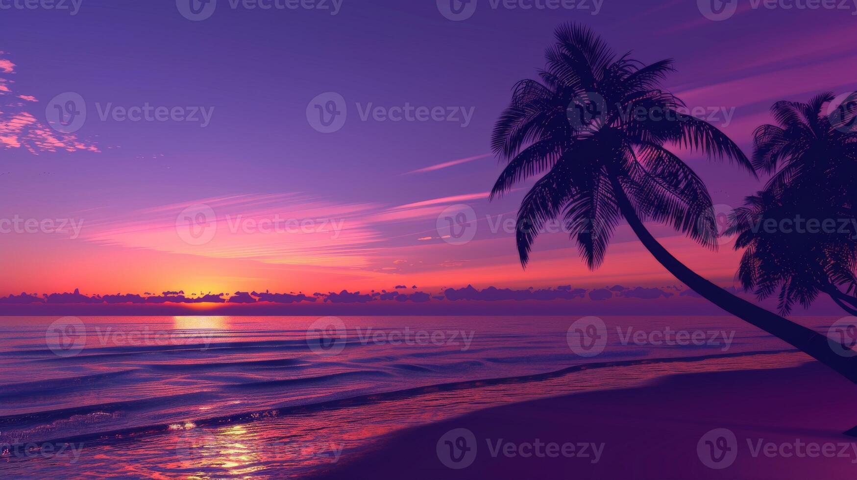 Sunset on tropical beach with palm trees photo