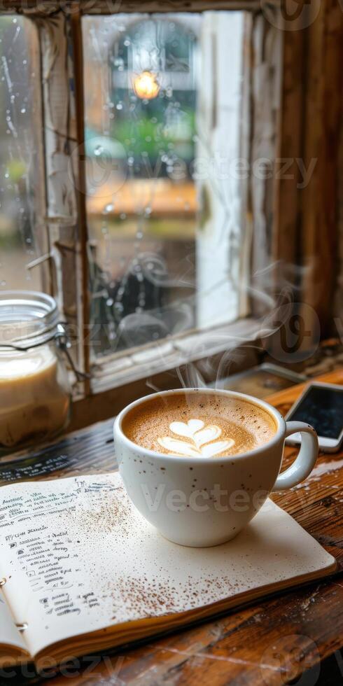 A cup of coffee on a wooden table photo