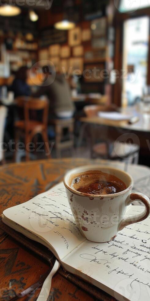 Coffee cup on top of notebook photo