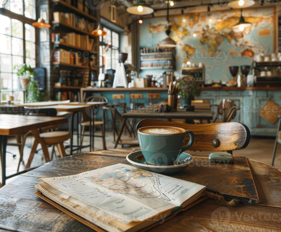 A cup of coffee on a wooden table photo