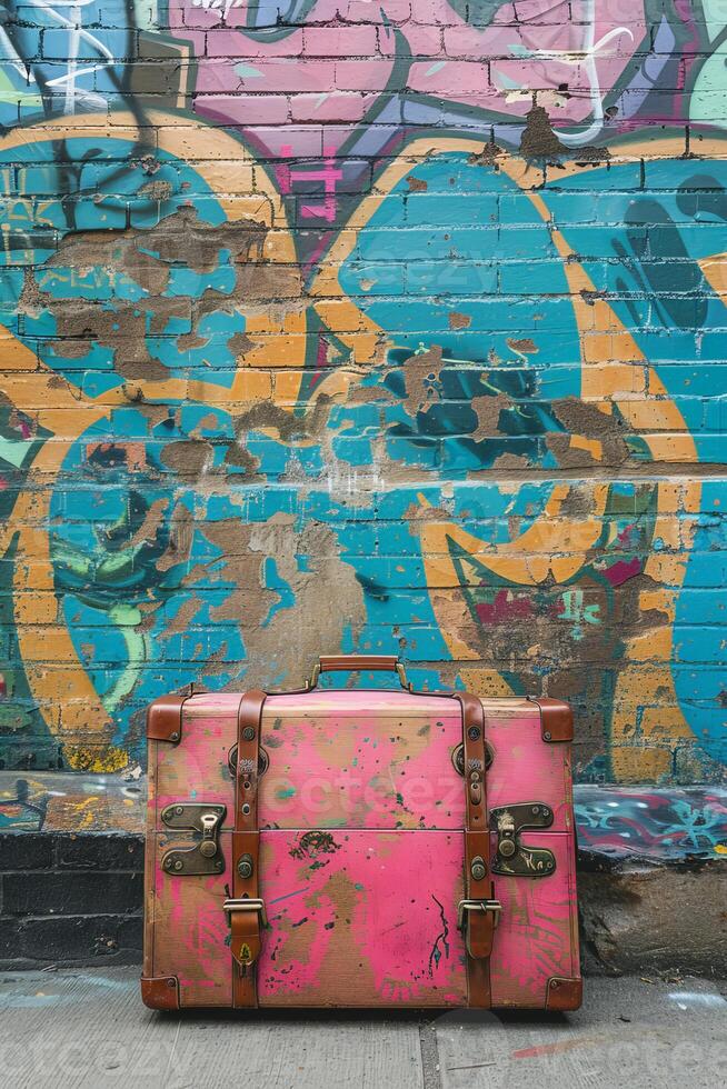 Pink suitcase in front of graffiti wall photo