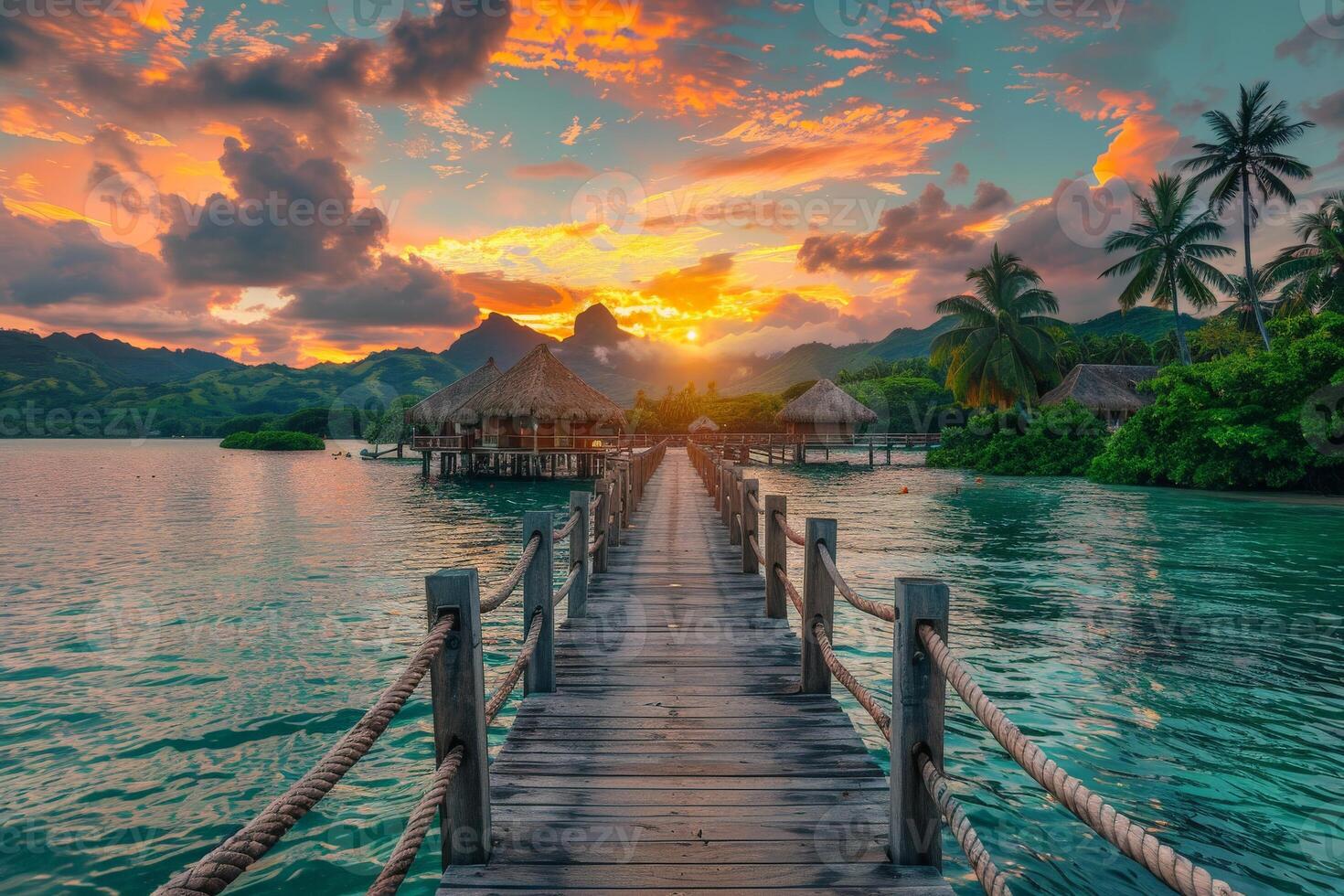 Dock Leading to Hut at Sunset photo
