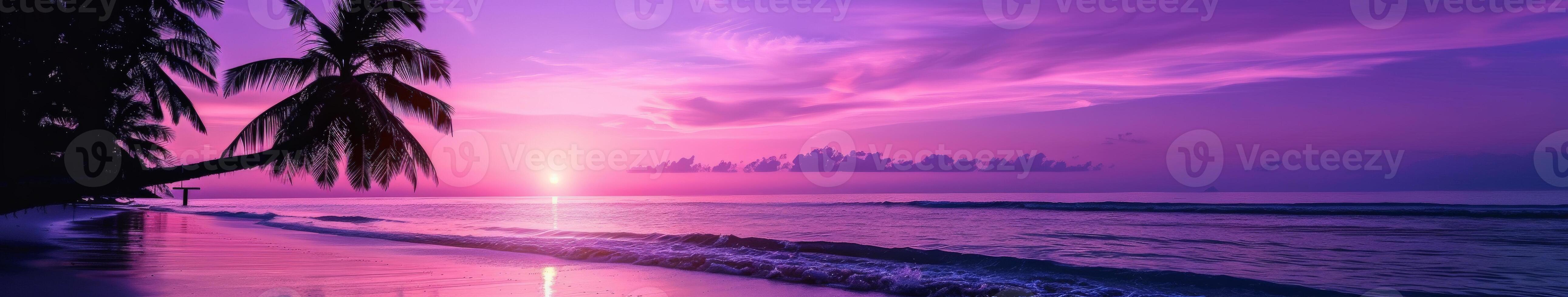 Purple Sunset on Tropical Beach With Palm Trees photo