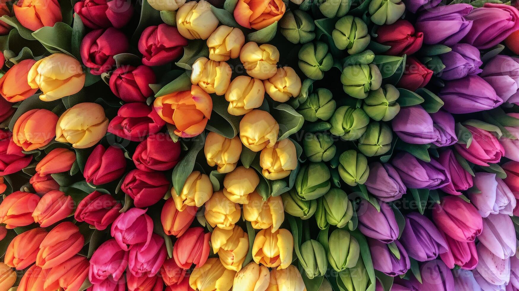 Multicolored Tulips Arranged in a Rainbow Pattern photo