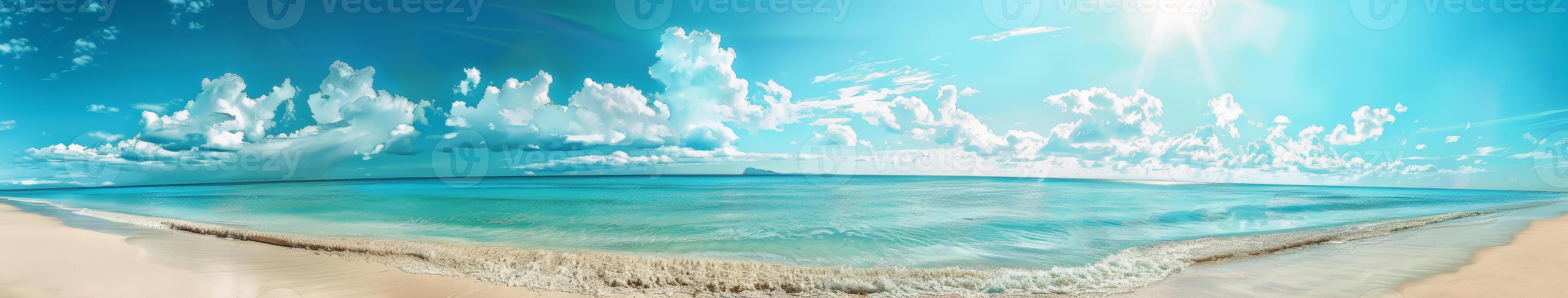 A Painting of a Beach With Blue Water and Clouds photo