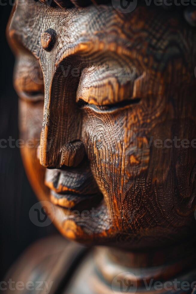 Close Up of a Wooden Statue of a Person photo