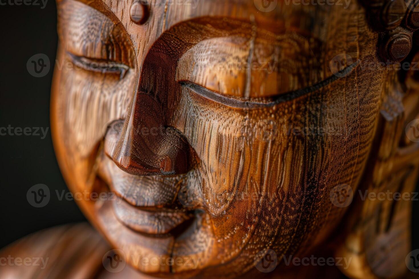 Close Up of a Wooden Statue of a Buddha photo