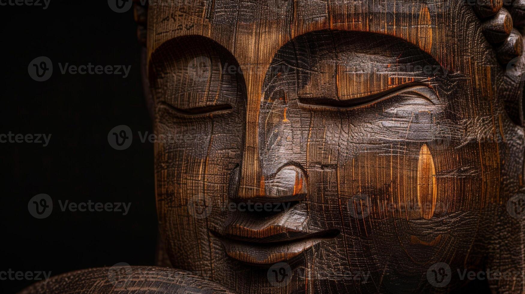 Close Up of a Wooden Statue of a Buddha photo