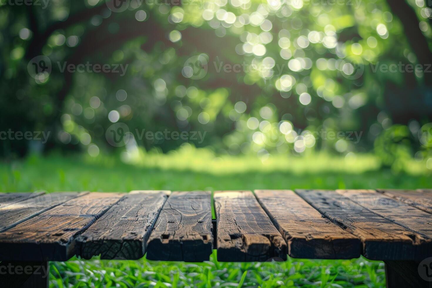 Wooden Table on Green Field photo