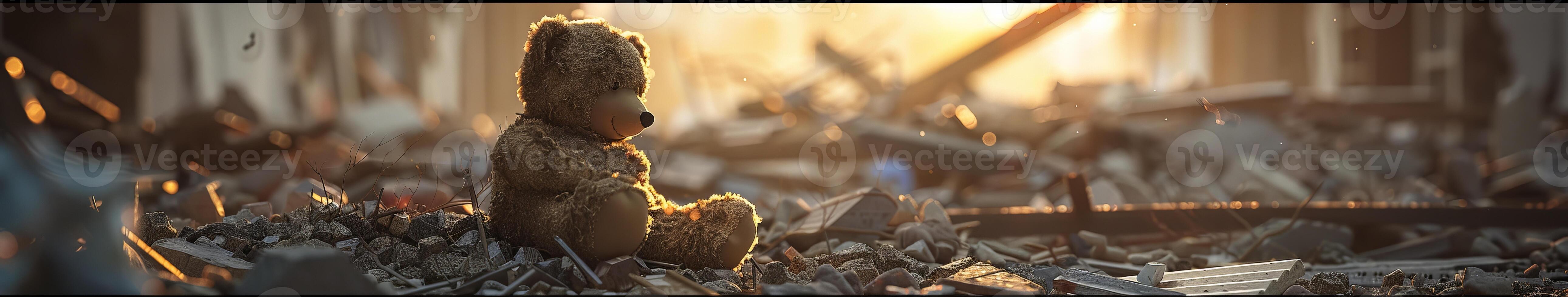 Child in Bunny Suit on Rubble photo