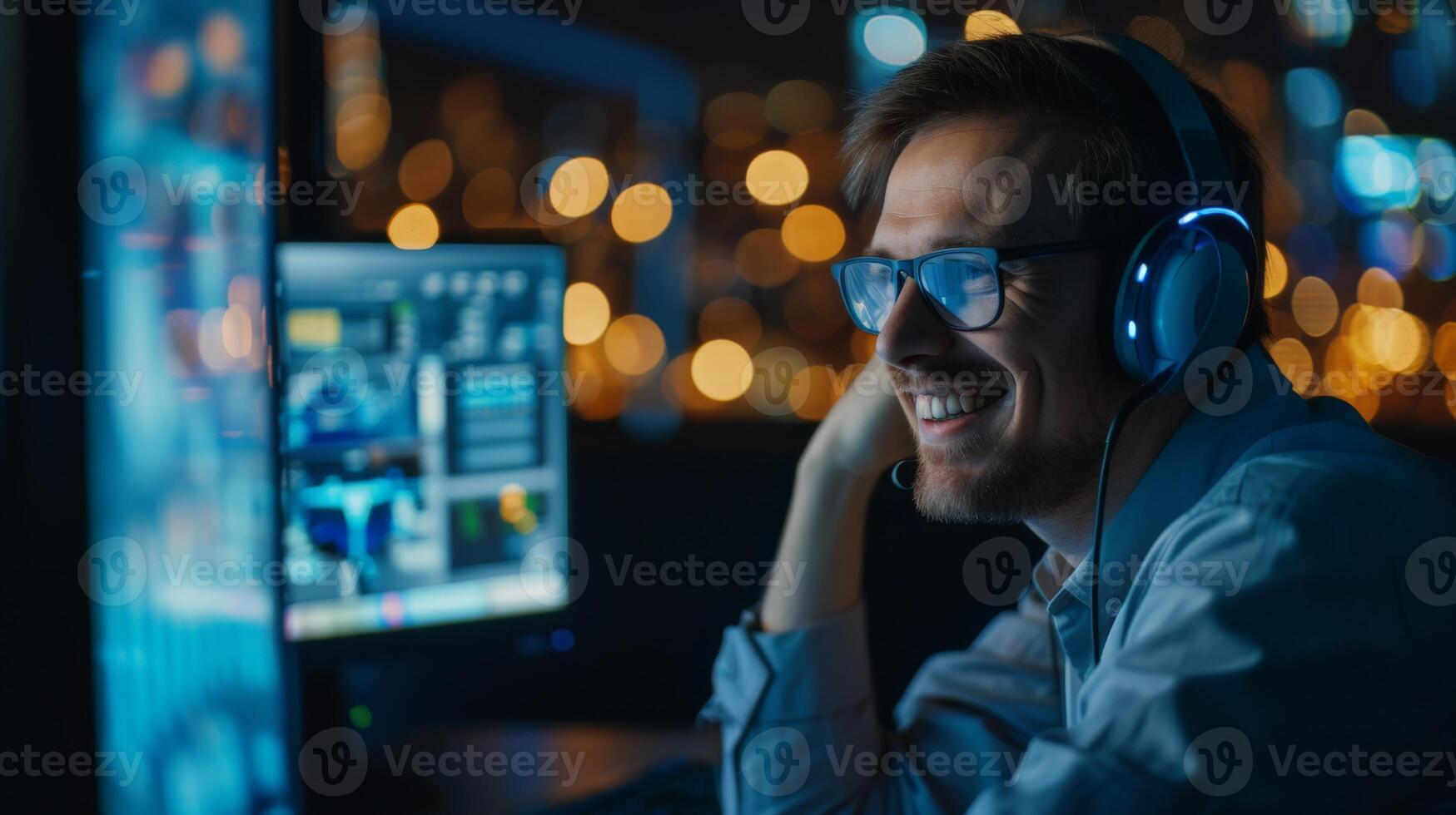 Man Using Headphones at Computer photo