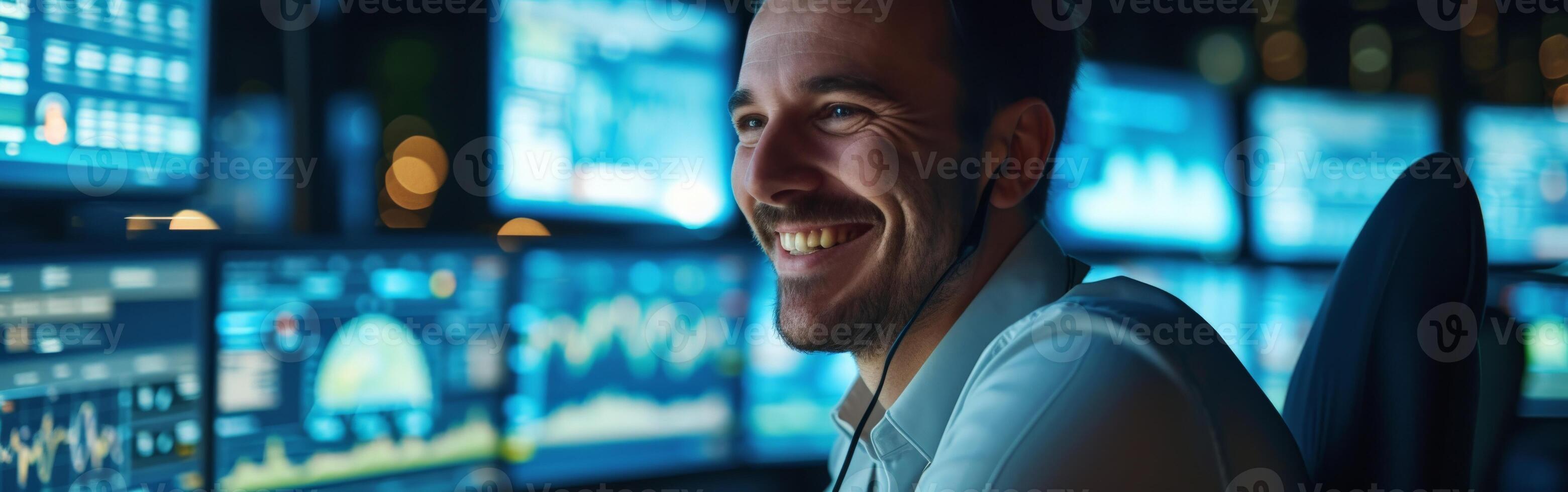 Smiling Man Sitting in Front of Computer Screen photo