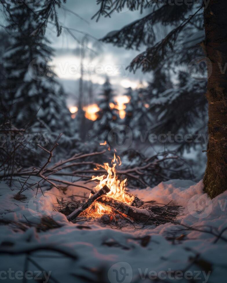 Campfire Amidst Snowy Forest photo