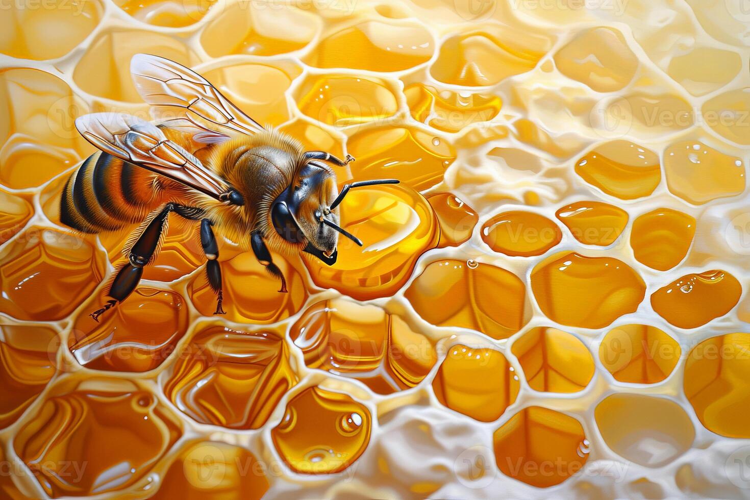 Bee on Honeycomb With Background of Honey photo