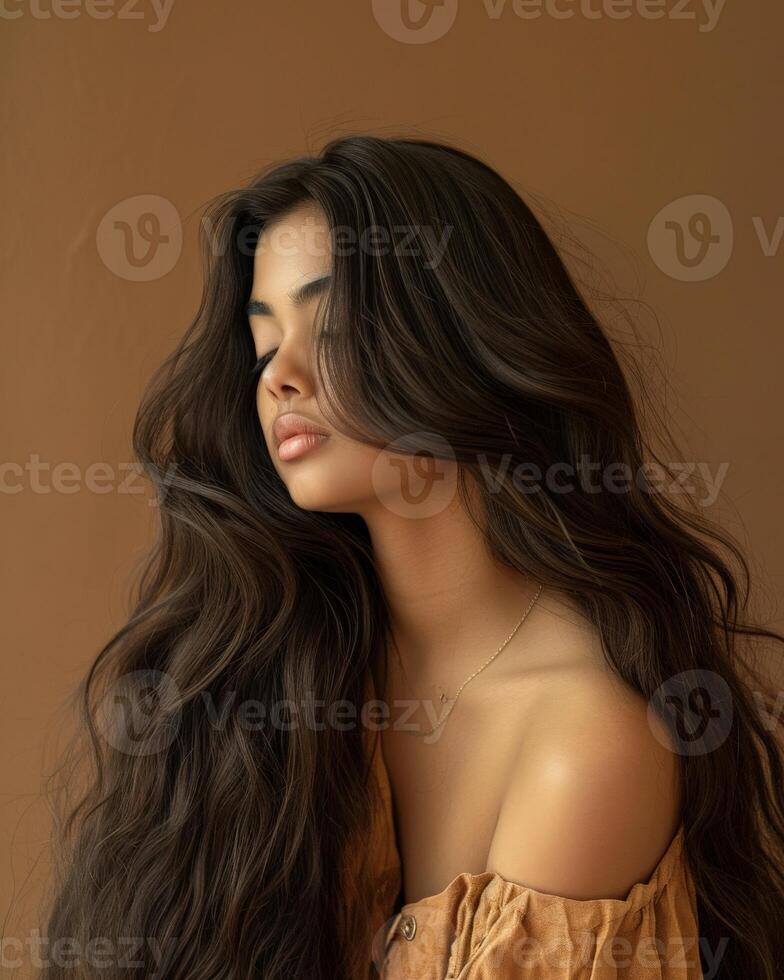mujer con largo oscuro pelo en fuera del hombro parte superior foto