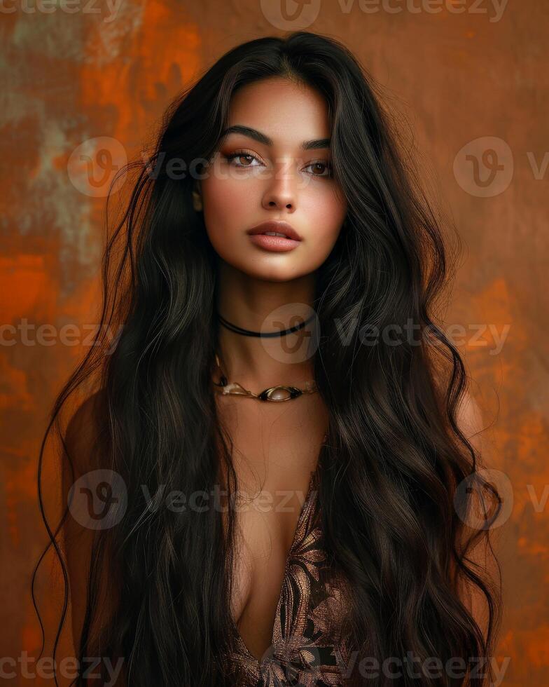 Woman With Long Black Hair Wearing Choker photo