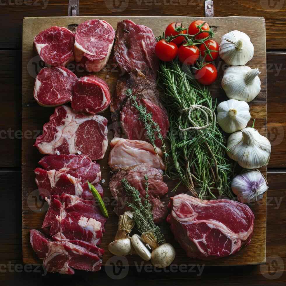 Fresh Meat and Vegetables on Wooden Cutting Board photo