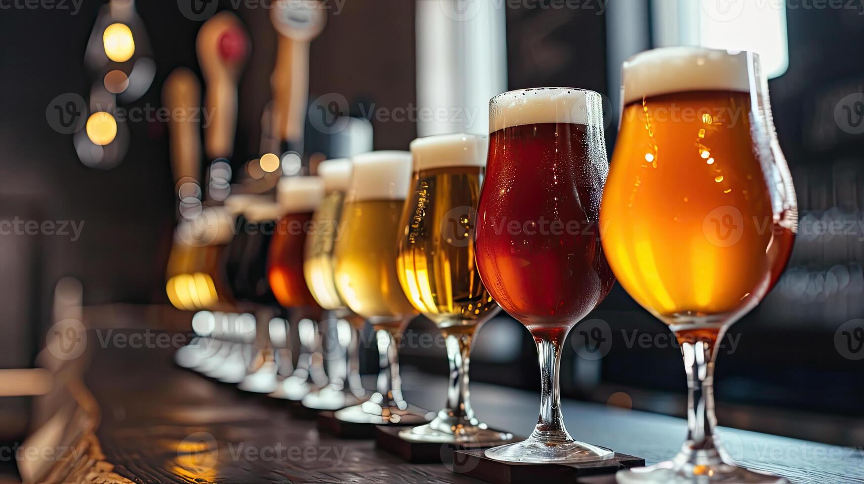 Assorted Beer Glasses Aligned on Bar Counter photo