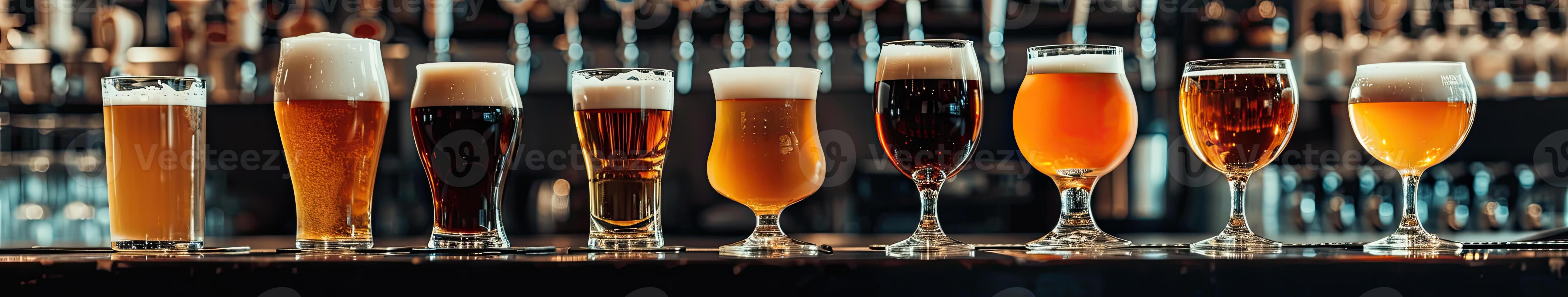 Assorted Beer Glasses Lined on Bar Counter photo