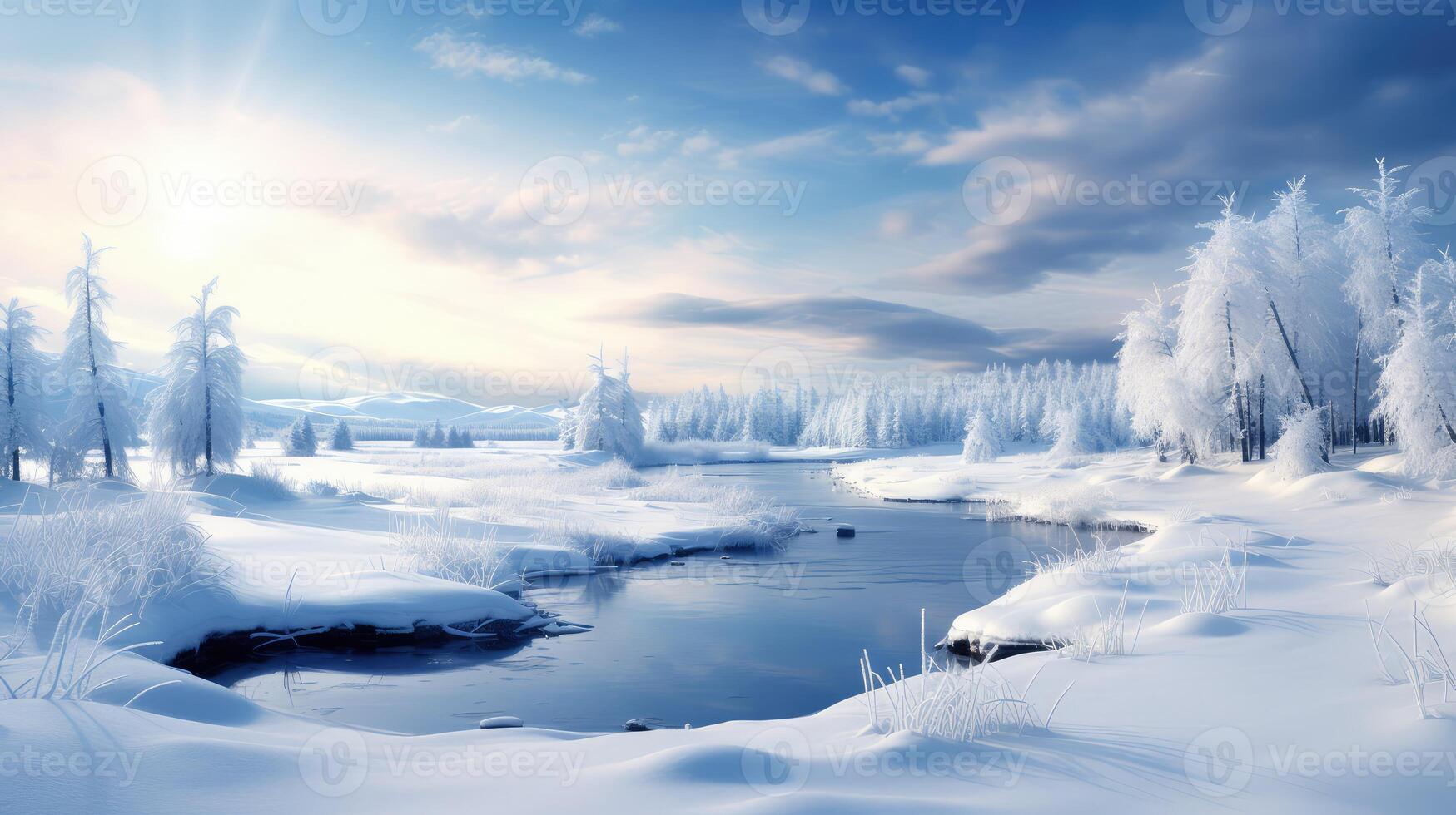 Snowy Landscape With Trees and River photo