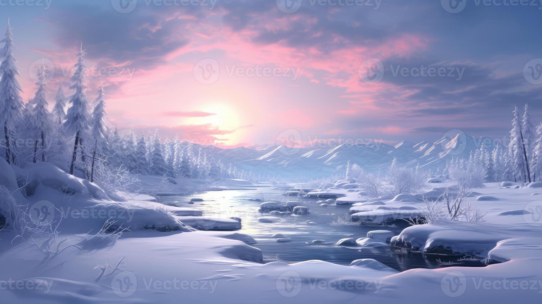 Snowy Landscape Painting With Stream photo