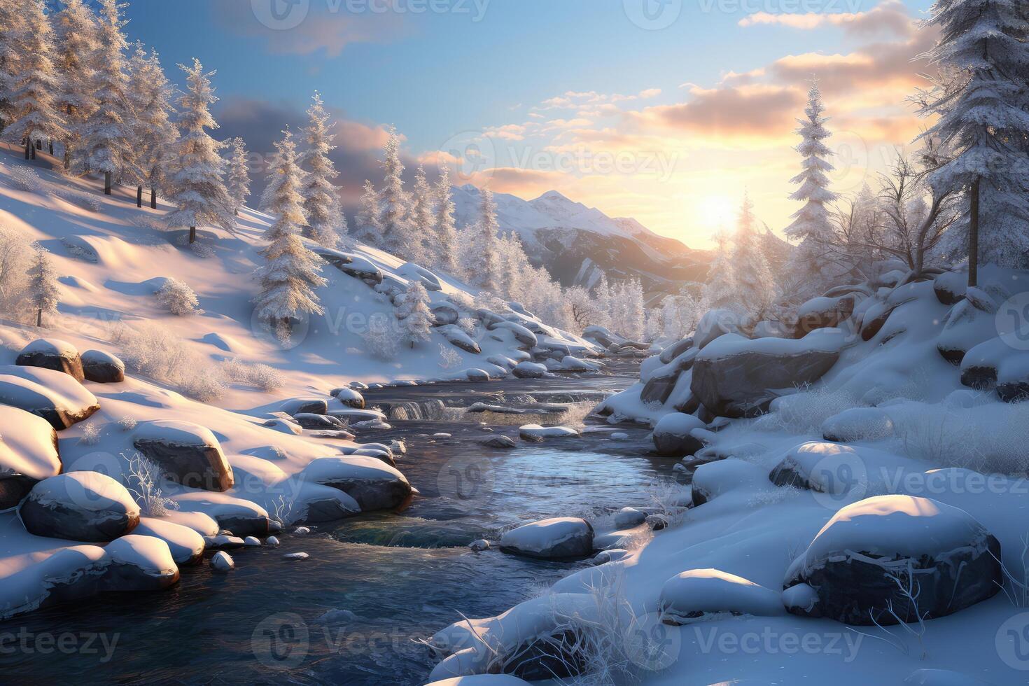 Snowy Landscape Painting With Stream photo