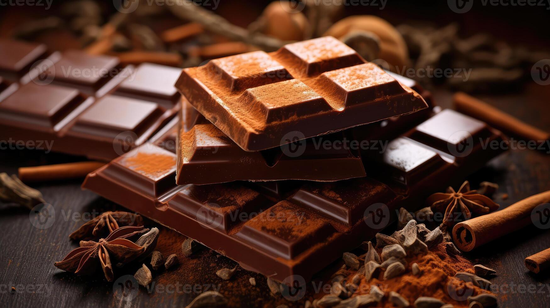 Stack of Chocolate Bars on Wooden Table photo