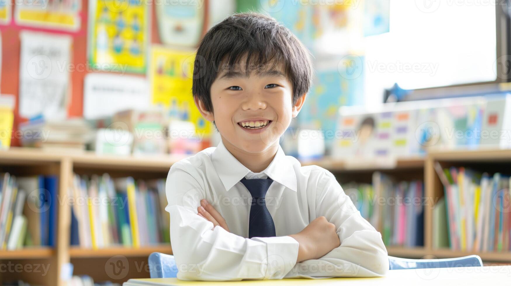 Smiling Young Japanese Boy Sitting at School Desk for Educational and Classroom Themes photo