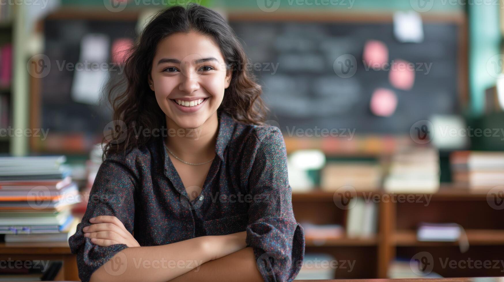 Southern European Female Student Smiling in Classroom Setting, Ideal for Educational and Academic Themes photo