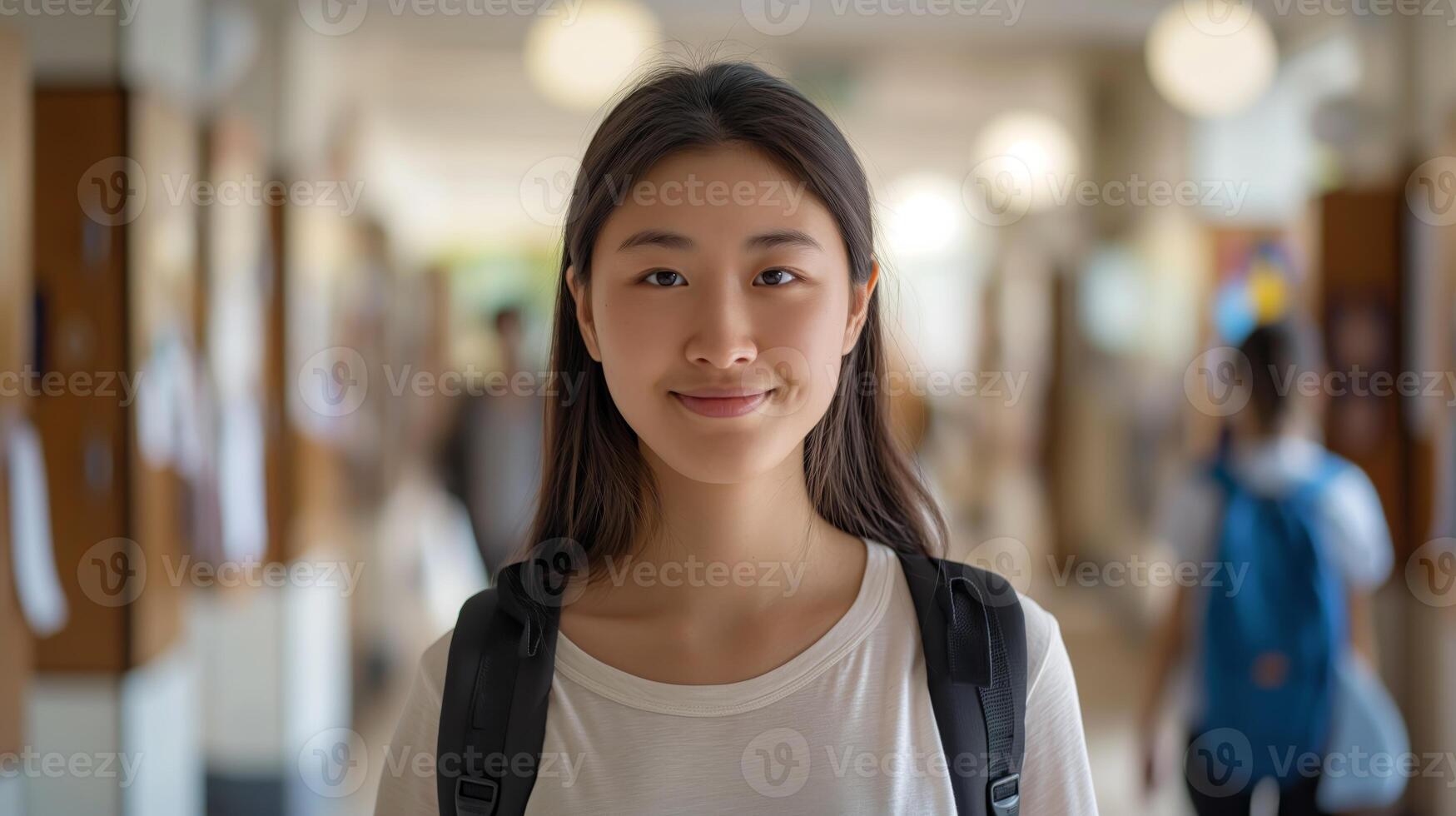 Diverse Young East Asian Female Student at University Hallway Wearing Backpack Smiling photo