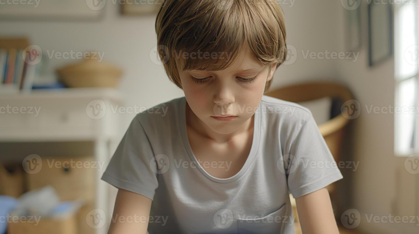 Pensive French Boy Sitting Indoors in a Minimalist Room, Thoughtful Child Model for Educational, Psychological, and Lifestyle Concepts photo
