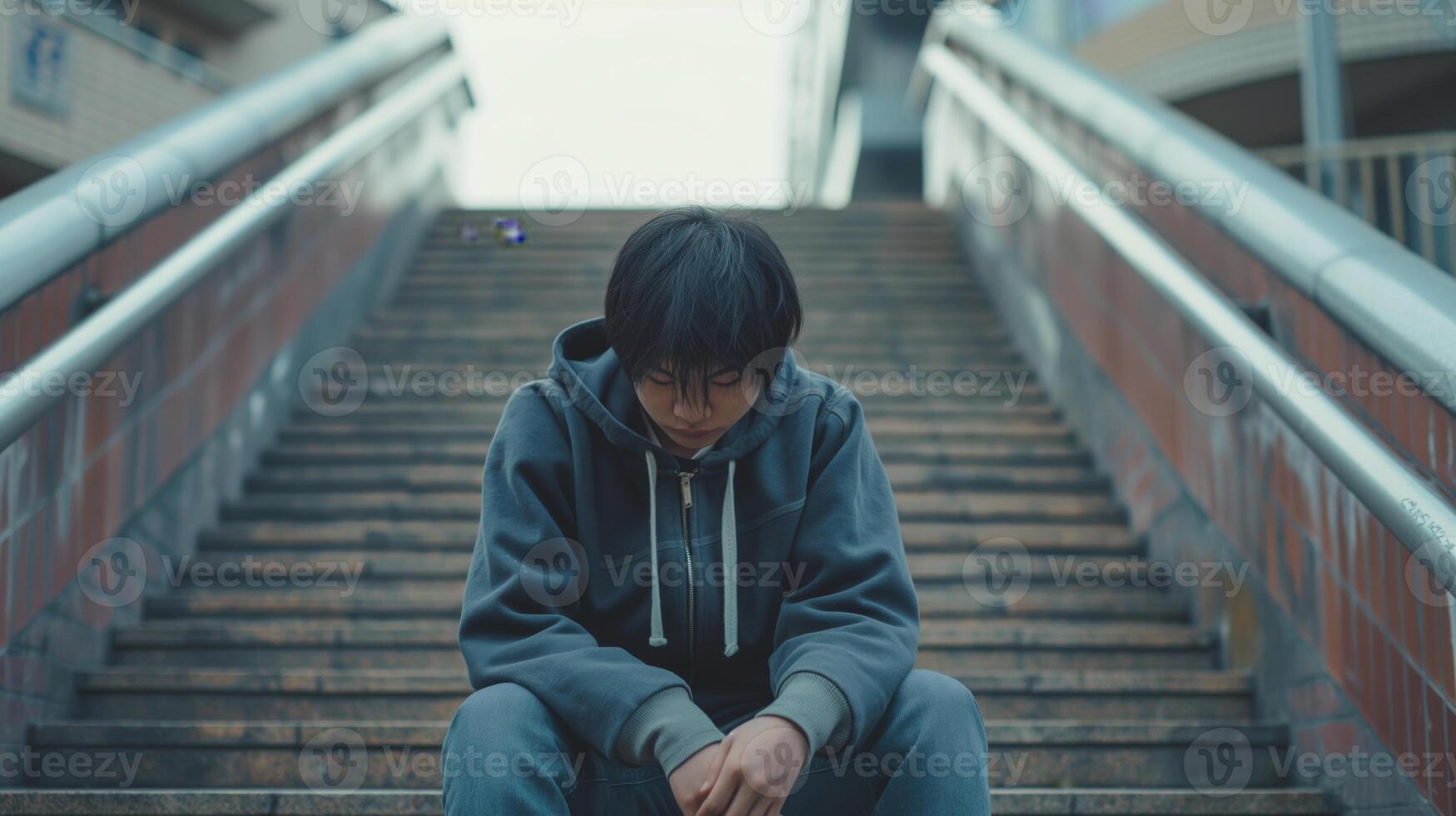 Teenage Boy Sitting Alone on Outdoor Staircase in Urban Setting, Pensive and Thoughtful Mood, Concept of Loneliness and Contemplation photo