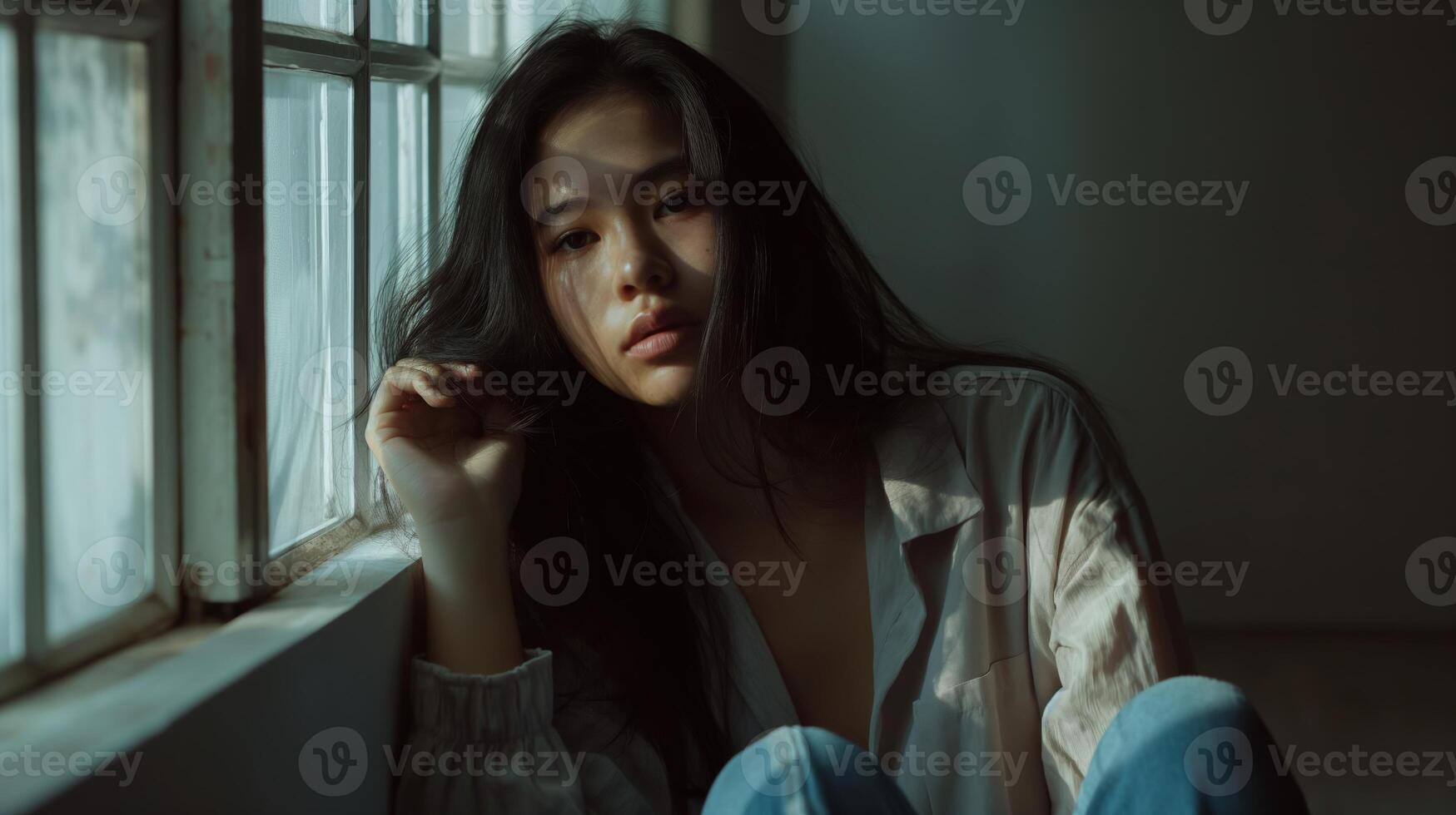 Pensive Filipino Woman Sitting By Sunlit Window, Contemplative and Reflective Mood, Perfect For Mental Health Awareness Posters photo
