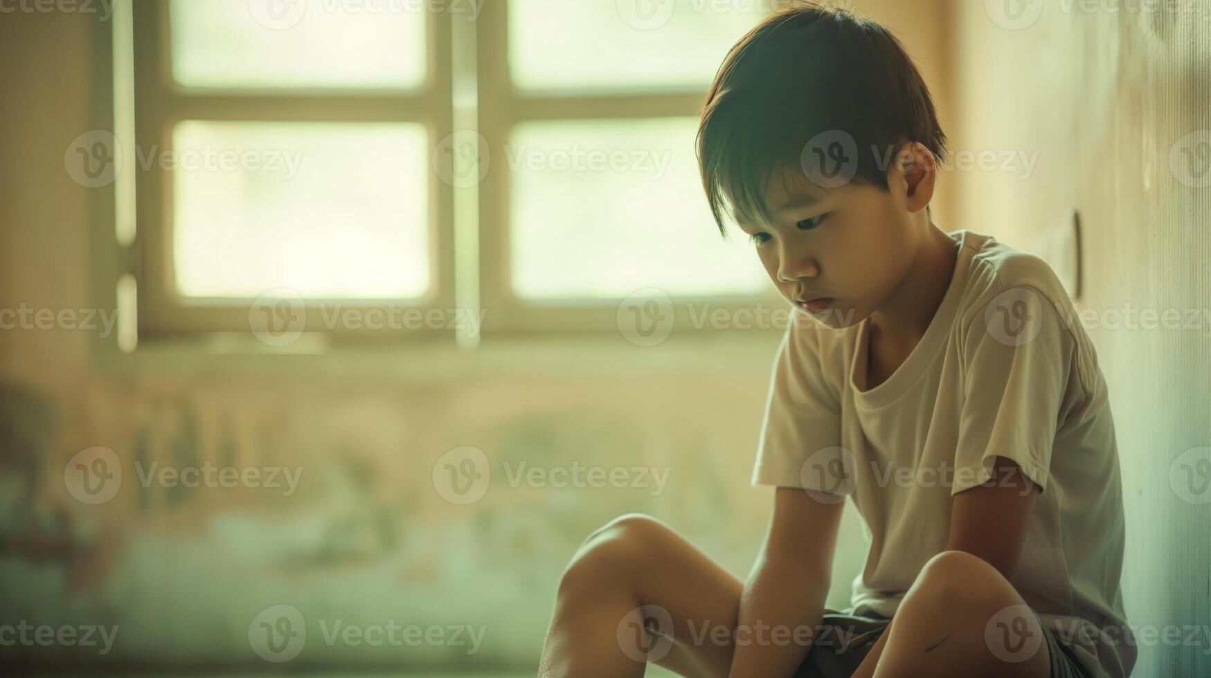 Southeast Asian Boy in Deep Thought Sitting Indoors Near a Window Childhood Emotions and Mental Health photo