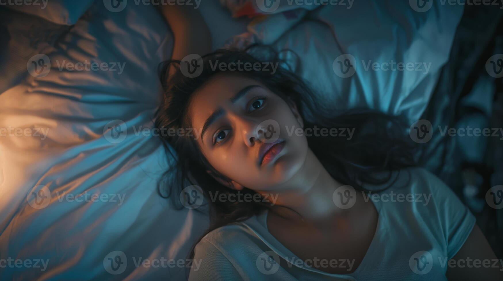 South Asian Teenage Girl Lying on Bed at Night, Contemplating, Displaying Peaceful and Thoughtful Mood, Ideal for Mental Health and Diversity Themes photo