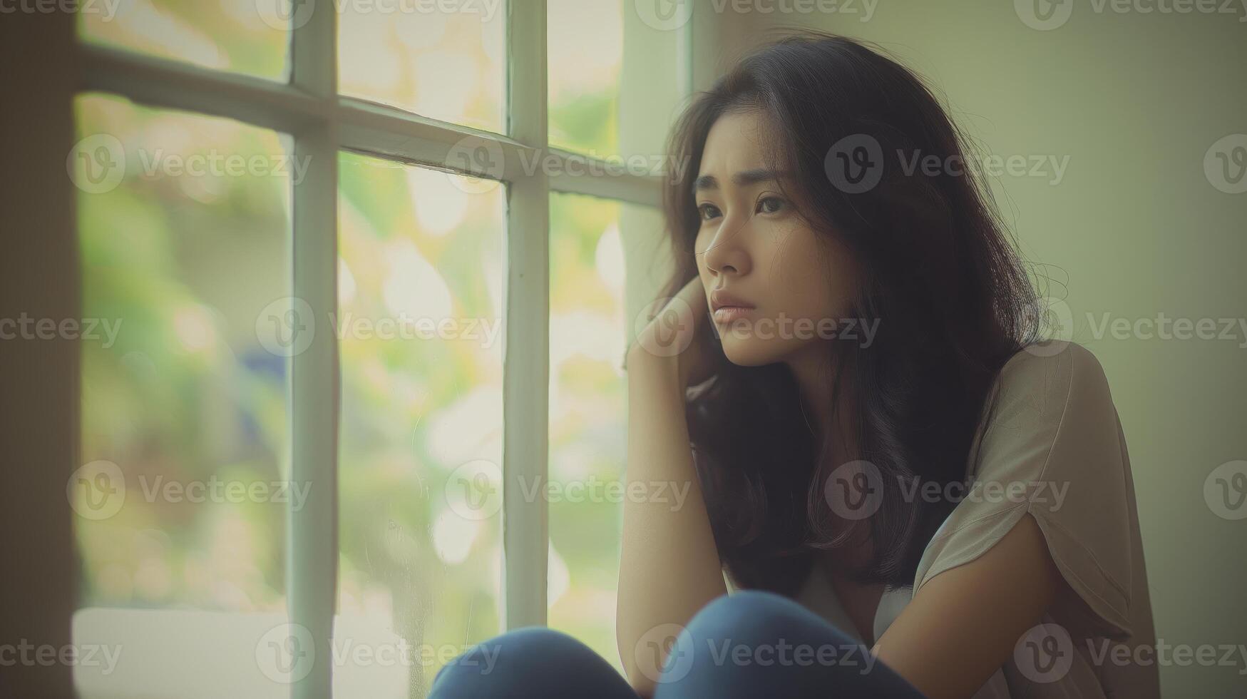 Indonesian Young Woman Deep in Thought by Window, Reflecting on Life, Emotional Contemplation, Mental Health Awareness, Diversity in Photography photo