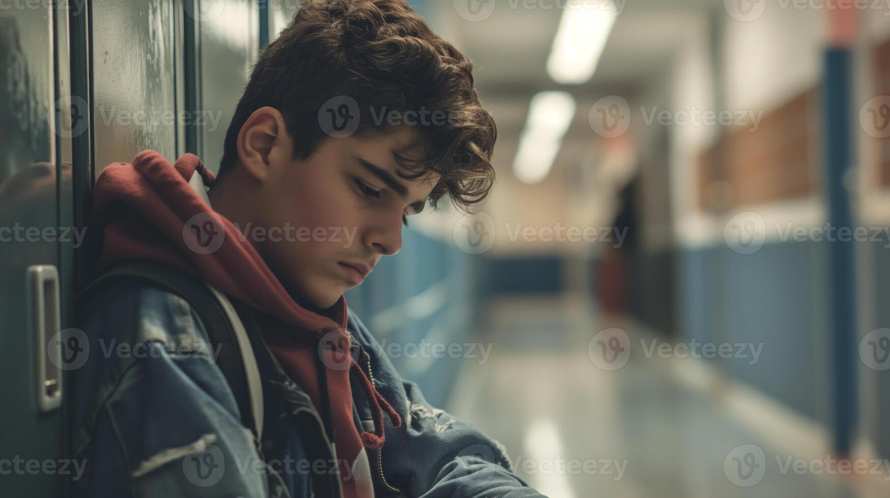 Teen Lost in Thought By School Hallway, Reflecting on Life's Challenges, Diversity and Adolescent Experiences photo